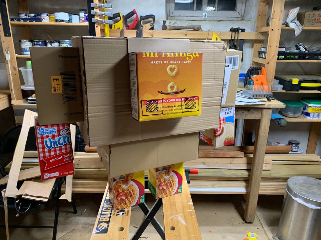 Basic structure of the Redstone Monstrosity piñata made from cardboard boxes.