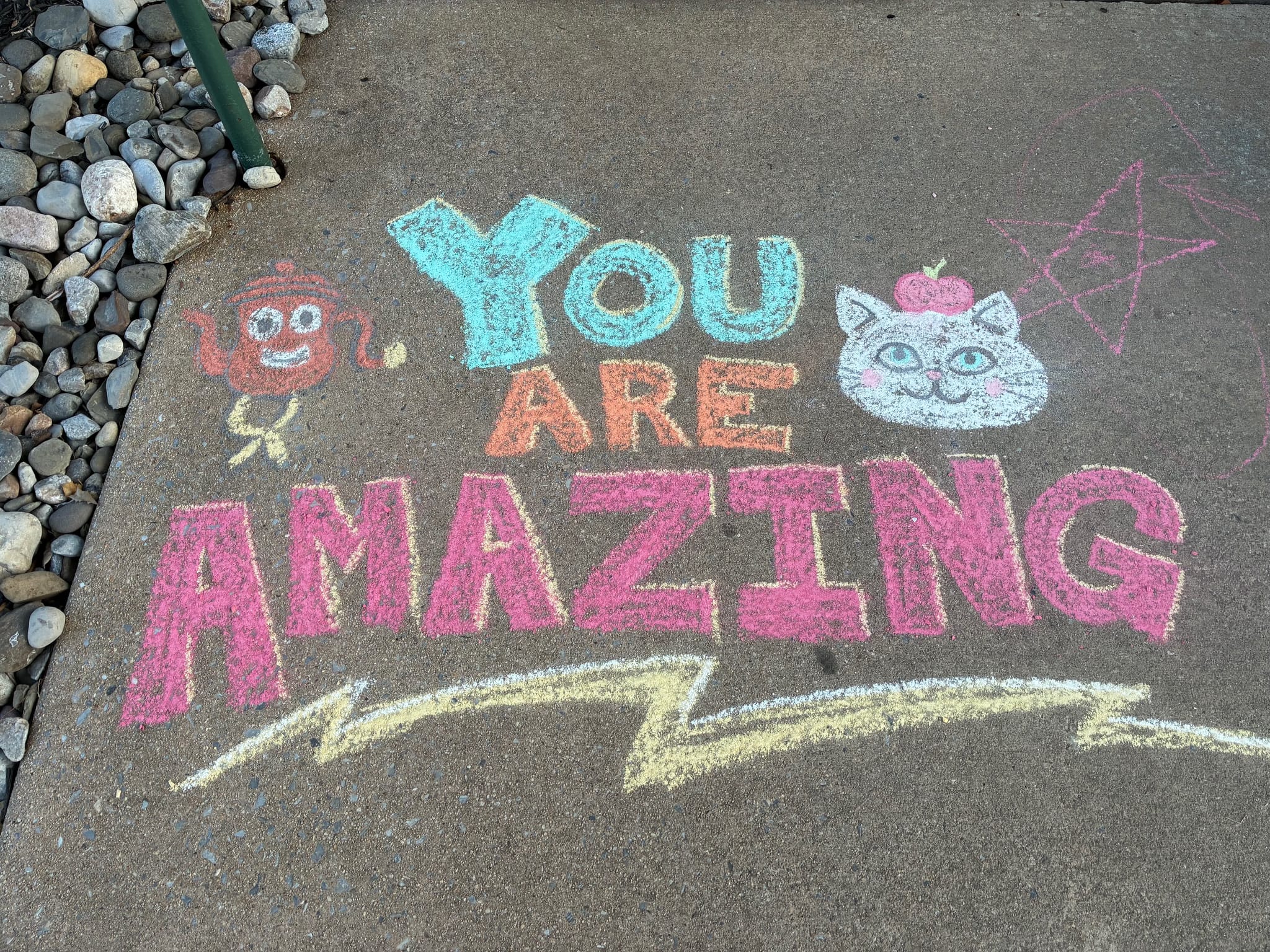 Chalk drawing featuring an Italian Brainrot character and a cute kitten, created for my kids.