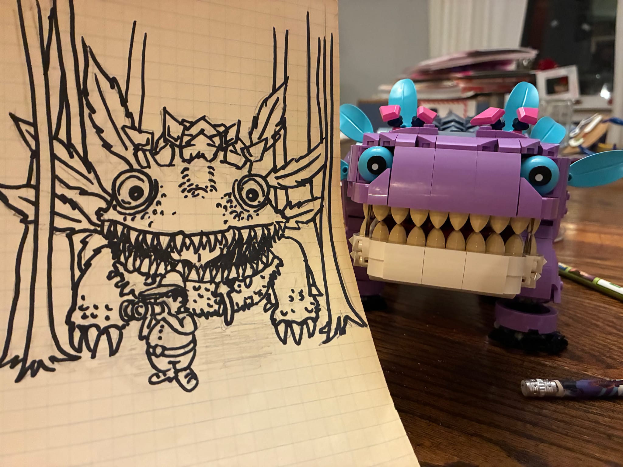 Drawing of my kid's Klombo lego build.